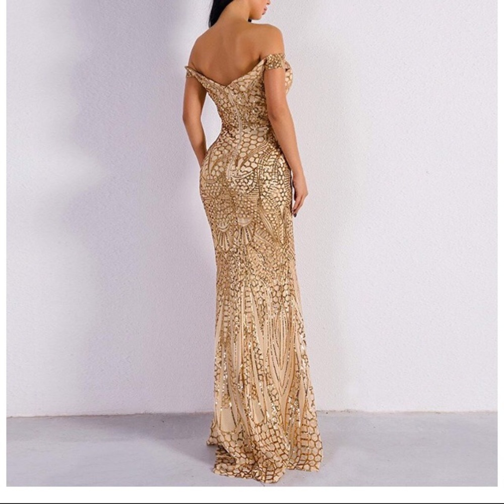 Gold sequin off the shoulder evening dress